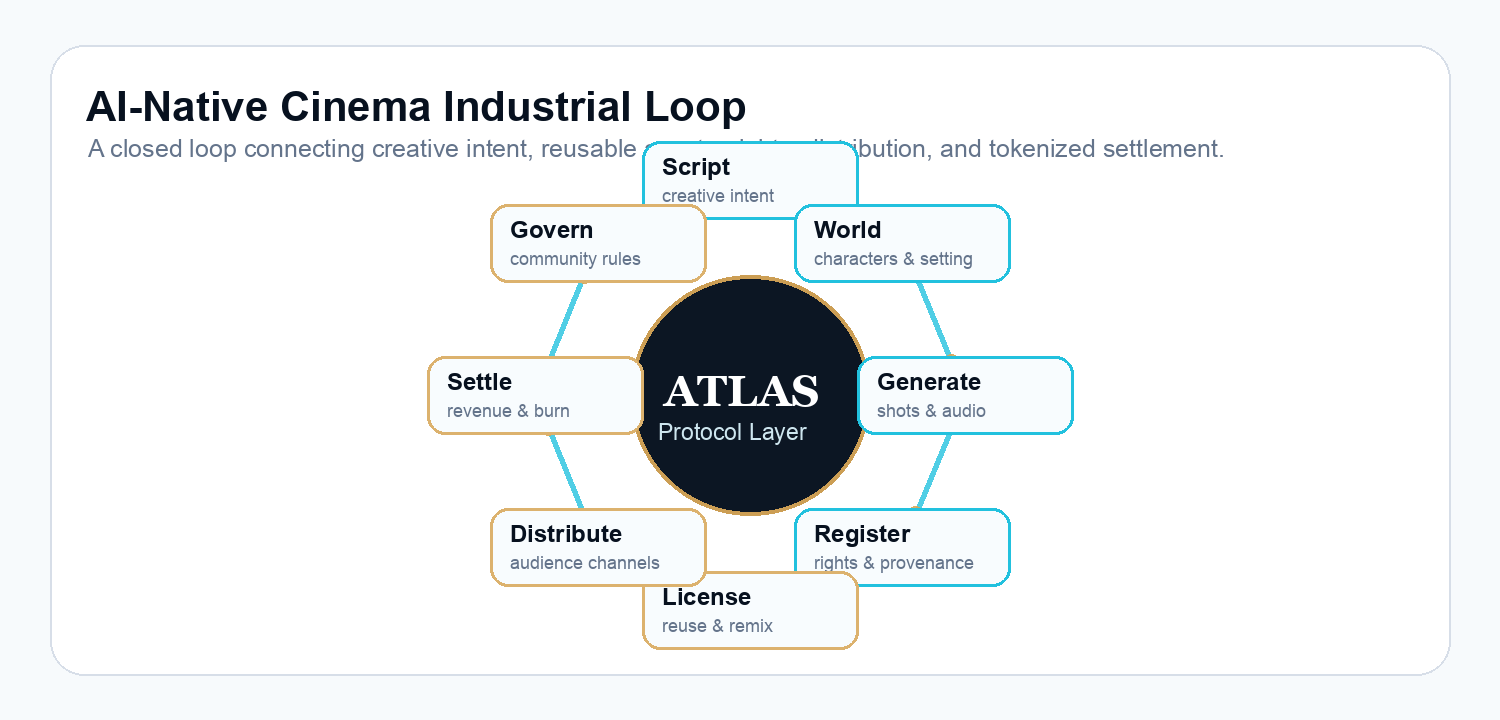 AI-native cinema loop from script and world to generation, registration, licensing, distribution, settlement, and governance